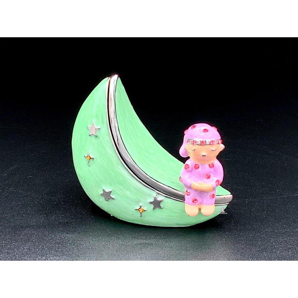 Moon Trinket Box Enamel Hinged Keepsake Boy in Rhinestone Pajamas Starry Night